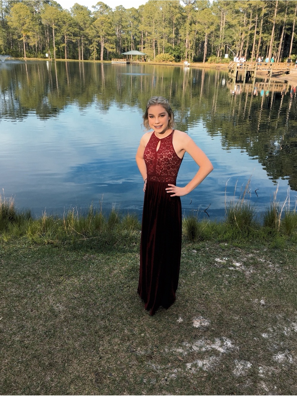 Morgan & Co. Burgundy Lace Halter Maxi Dress